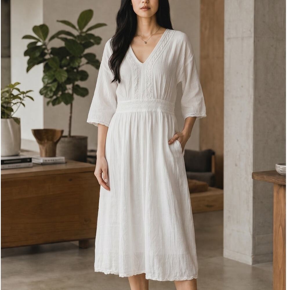 Cotton gauze midi dress, Element Z, white embroidered peasant style